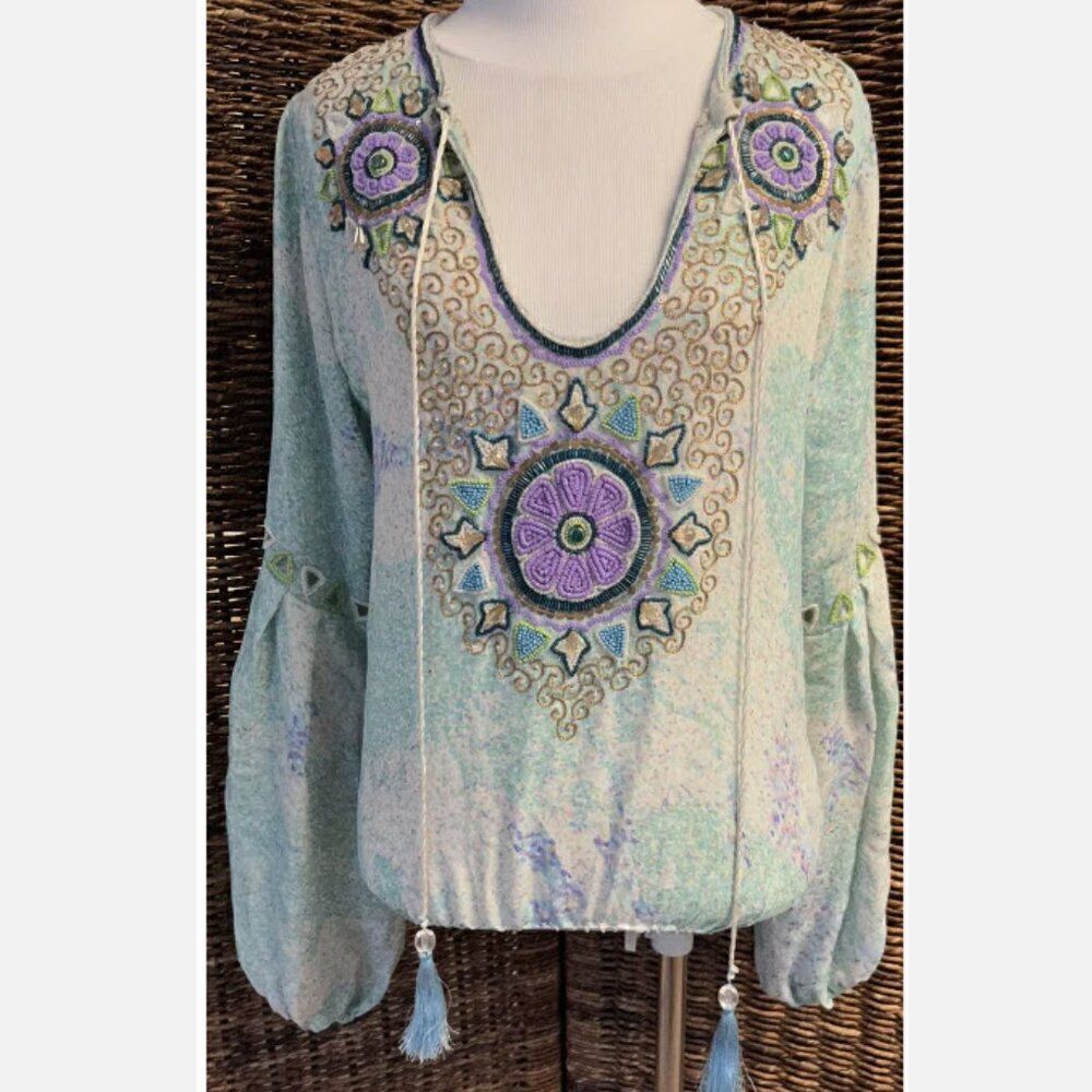 $345 TAJ by Sabrina Crippa 100% Silk BOHO Beaded Blouse, Pastels Size S